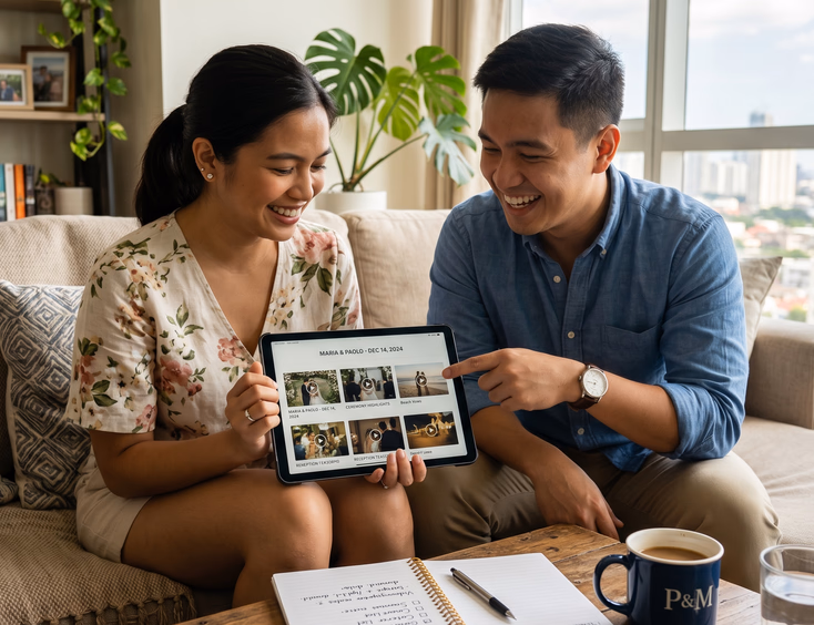 Filipino couple reviewing wedding video samples on a tablet in a bright Manila condo living room with a handwritten checklist and coffee mug on the table during their wedding planning session.