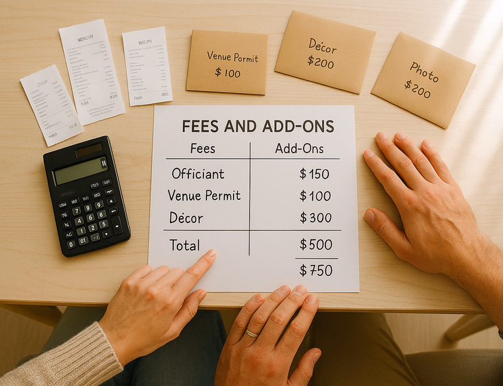 Couple reviewing a civil wedding budget with fees and optional add ons on a table