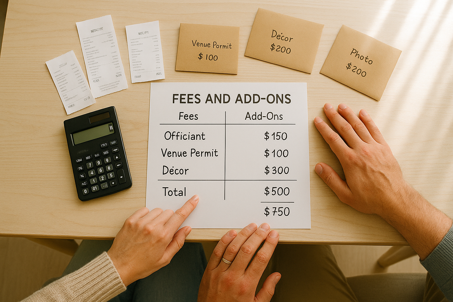 Couple reviewing a civil wedding budget with fees and optional add ons on a table