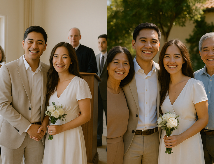 Split view of City Hall ceremony and private venue portraits with family