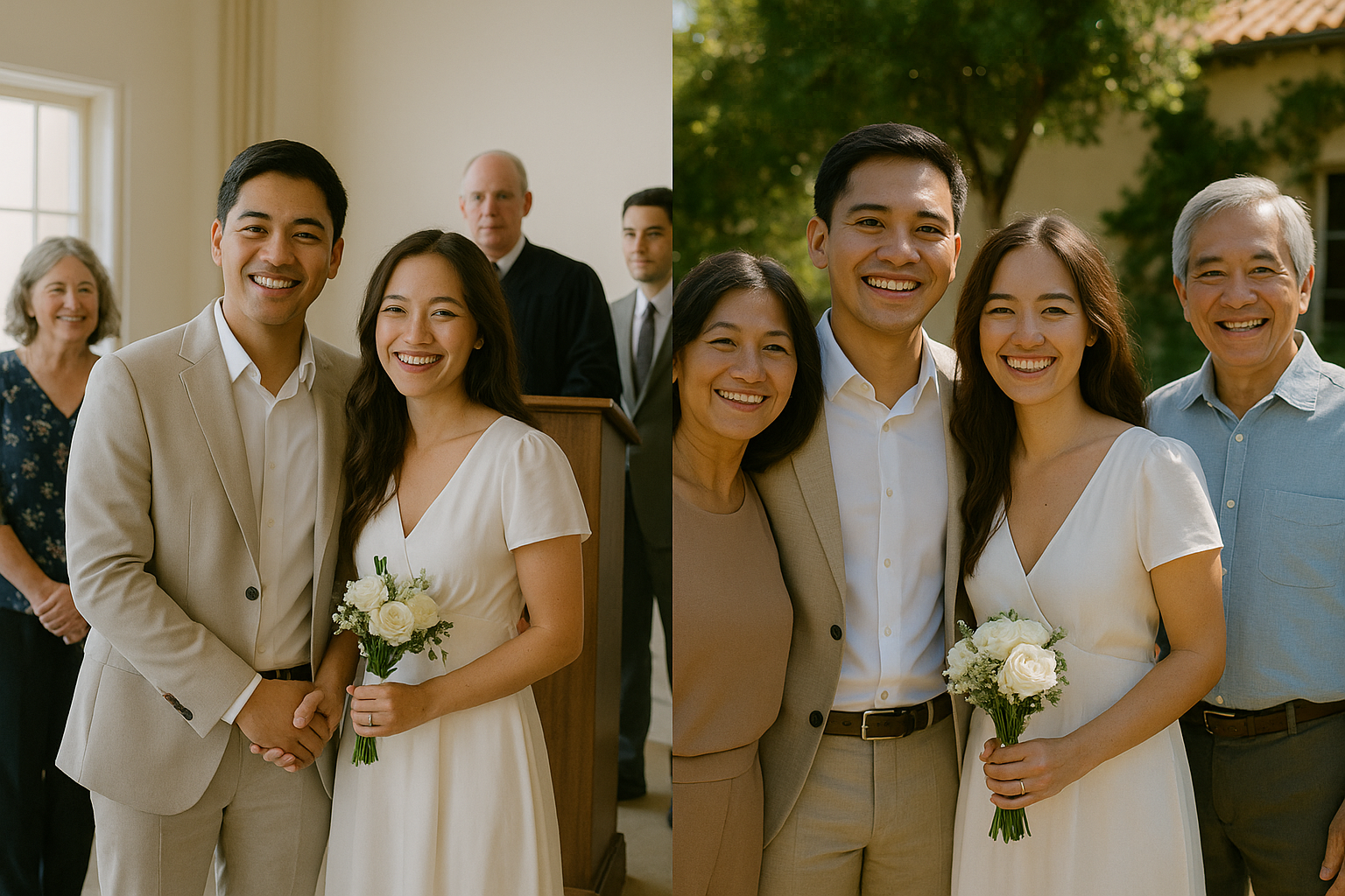 Split view of City Hall ceremony and private venue portraits with family
