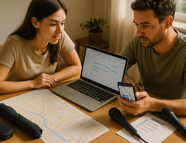 Couple planning routes weather backup and audio needs for a civil wedding day