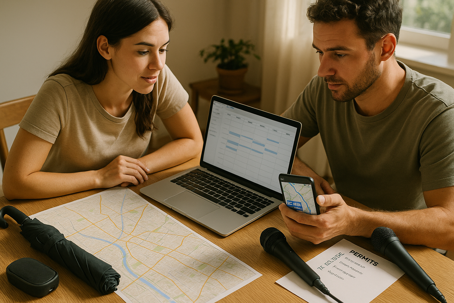 Couple planning routes weather backup and audio needs for a civil wedding day