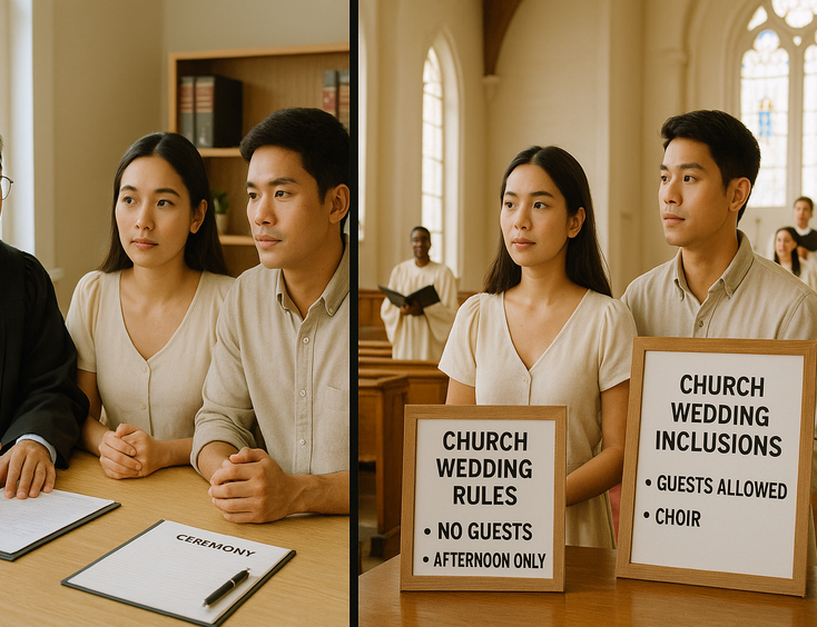 Split scene of city hall ceremony vs church aisle highlighting differing elements
