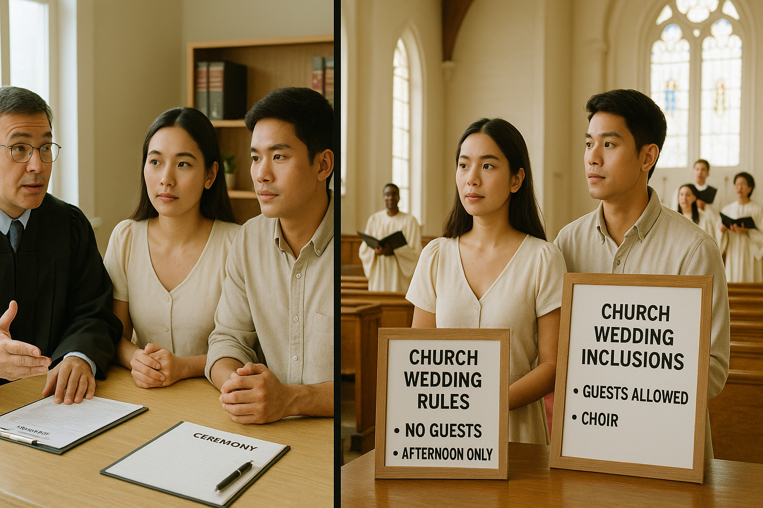 Split scene of city hall ceremony vs church aisle highlighting differing elements