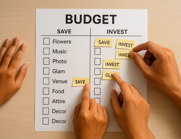 Budget sheet showing areas to cut and areas to spend with couple arranging notes