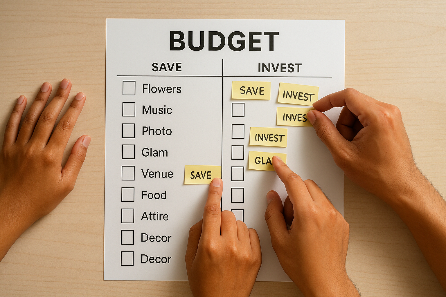 Budget sheet showing areas to cut and areas to spend with couple arranging notes