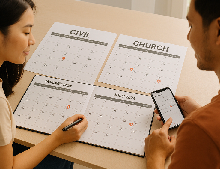 Couple aligning civil and church timelines on calendars and phone