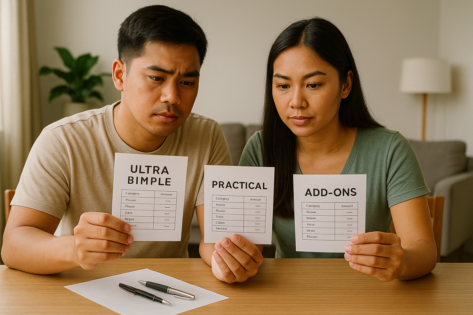 Couple comparing three sample wedding budgets on printed cards
