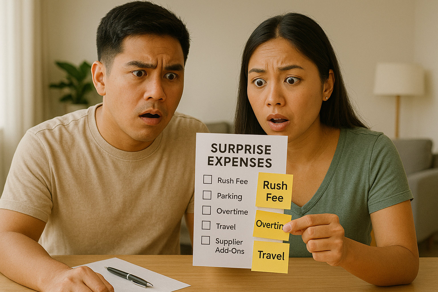 Couple reviewing a checklist of hidden wedding costs with sticky notes