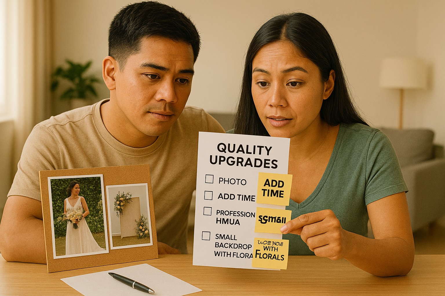 Couple selecting worthwhile wedding upgrades photo time HMUA and small backdrop