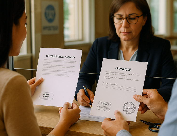 Couple submitting papers at an embassy window with notarization and apostille
