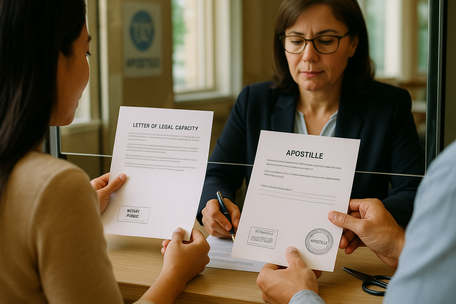 Couple submitting papers at an embassy window with notarization and apostille