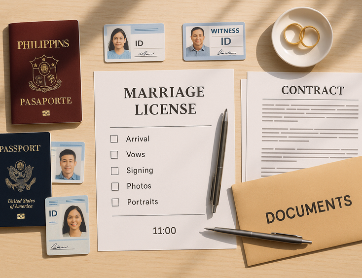 Flat lay of passports IDs Marriage License contract pages and witness cards