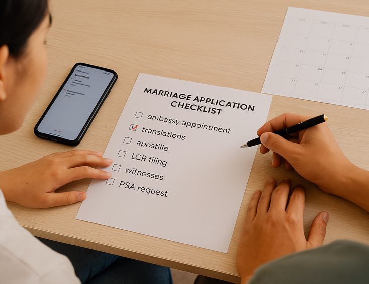 Couple marking a civil wedding checklist with phone reminders and calendar