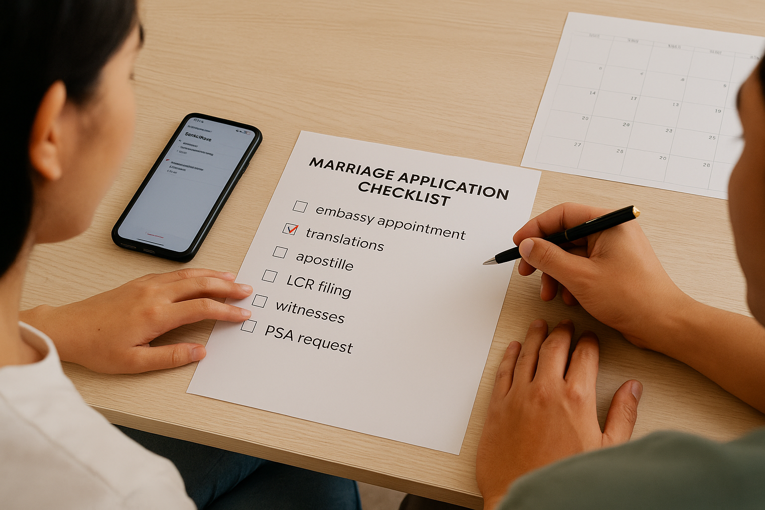 Couple marking a civil wedding checklist with phone reminders and calendar