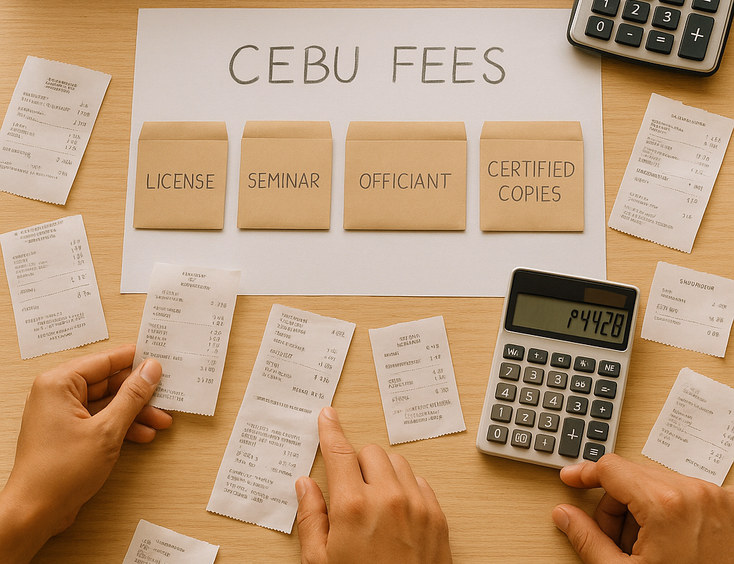 Overhead view of Cebu civil wedding budget with envelopes receipts and calculator