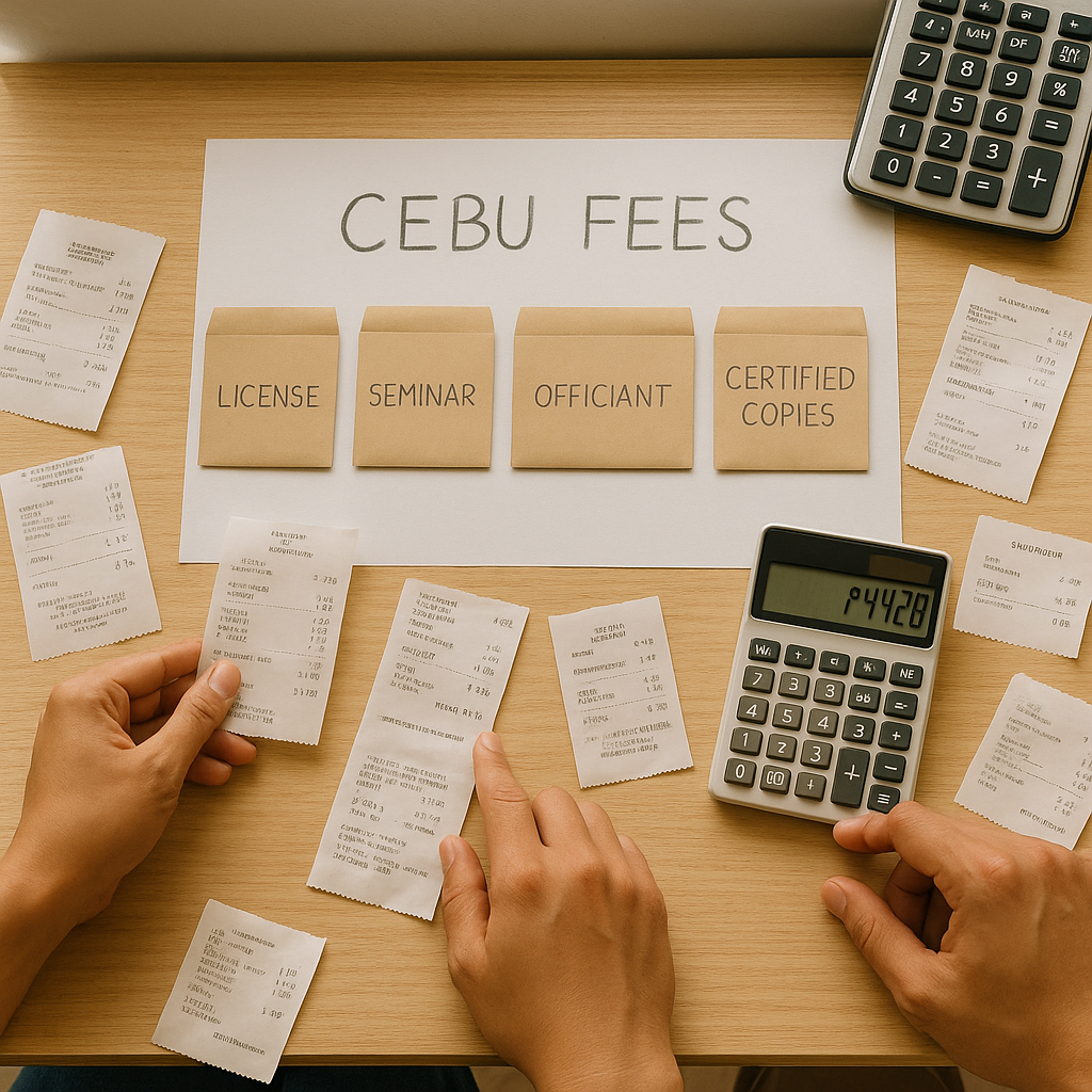 Overhead view of Cebu civil wedding budget with envelopes receipts and calculator