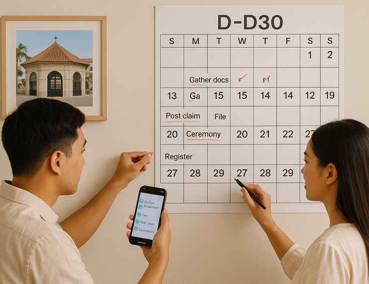 Couple marking a 30 day Cebu civil wedding calendar with phone reminders