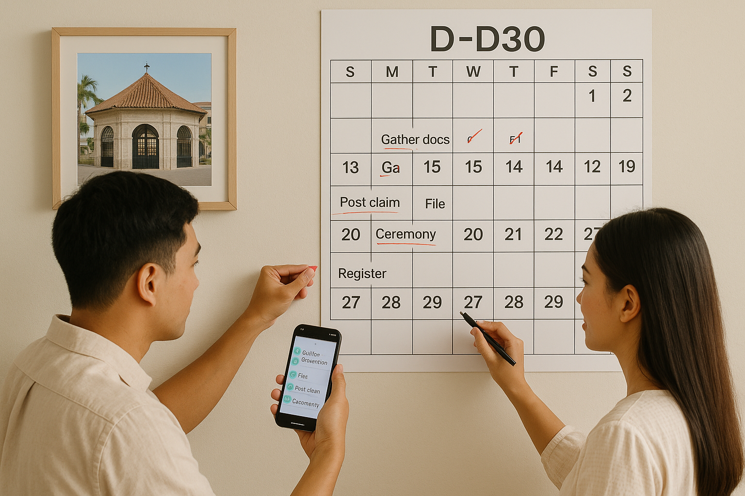 Couple marking a 30 day Cebu civil wedding calendar with phone reminders