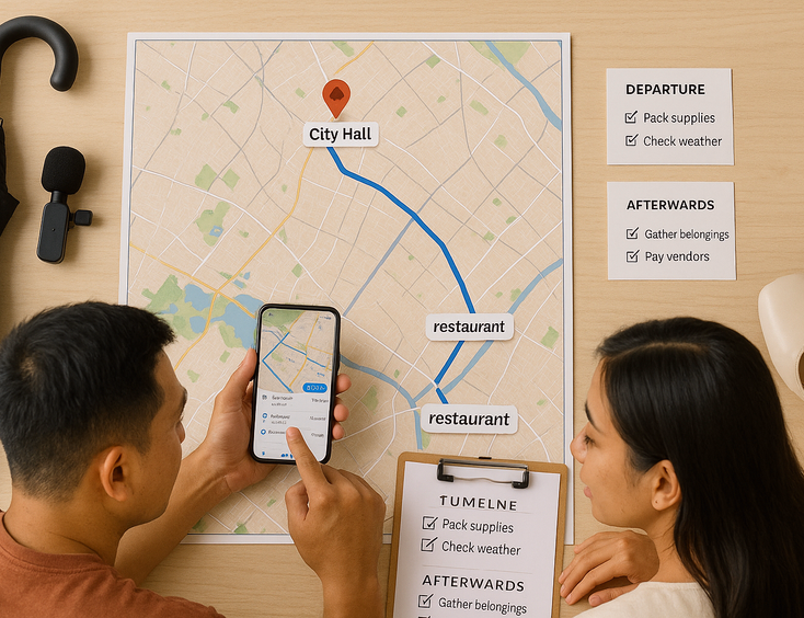 Couple mapping travel times and contingencies between ceremony and reception