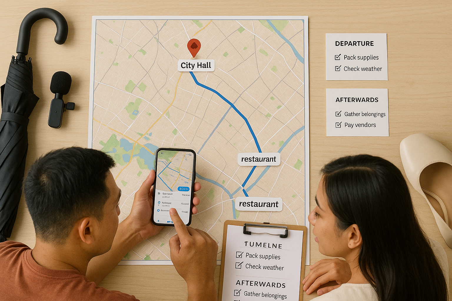 Couple mapping travel times and contingencies between ceremony and reception