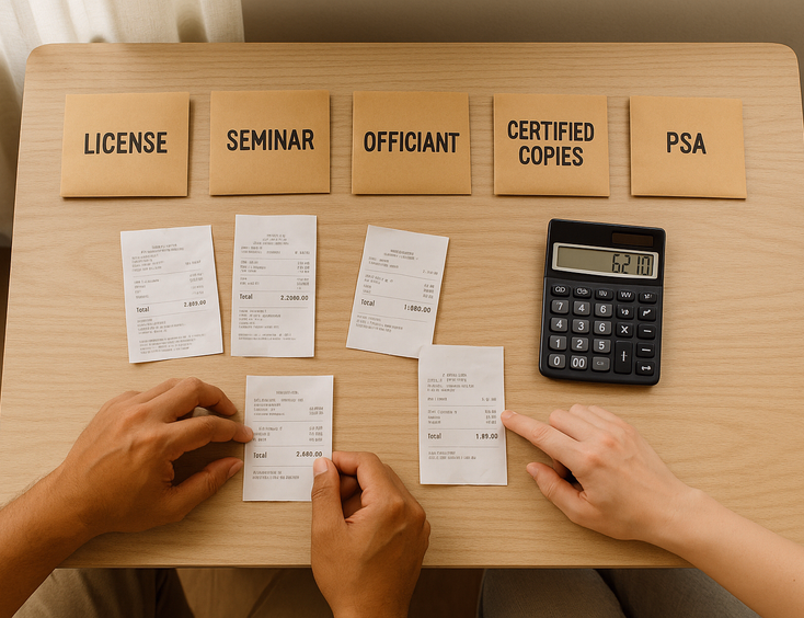 Overhead view of civil wedding budget in Davao with envelopes receipts and calculator