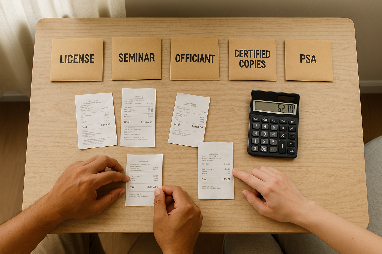 Overhead view of civil wedding budget in Davao with envelopes receipts and calculator