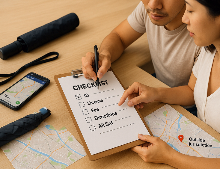 Couple fixing civil wedding pitfalls missing ID traffic route rain plan and jurisdiction map