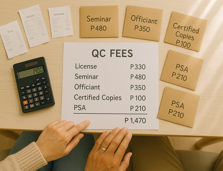 Overhead view of QC civil wedding budget with envelopes and receipts