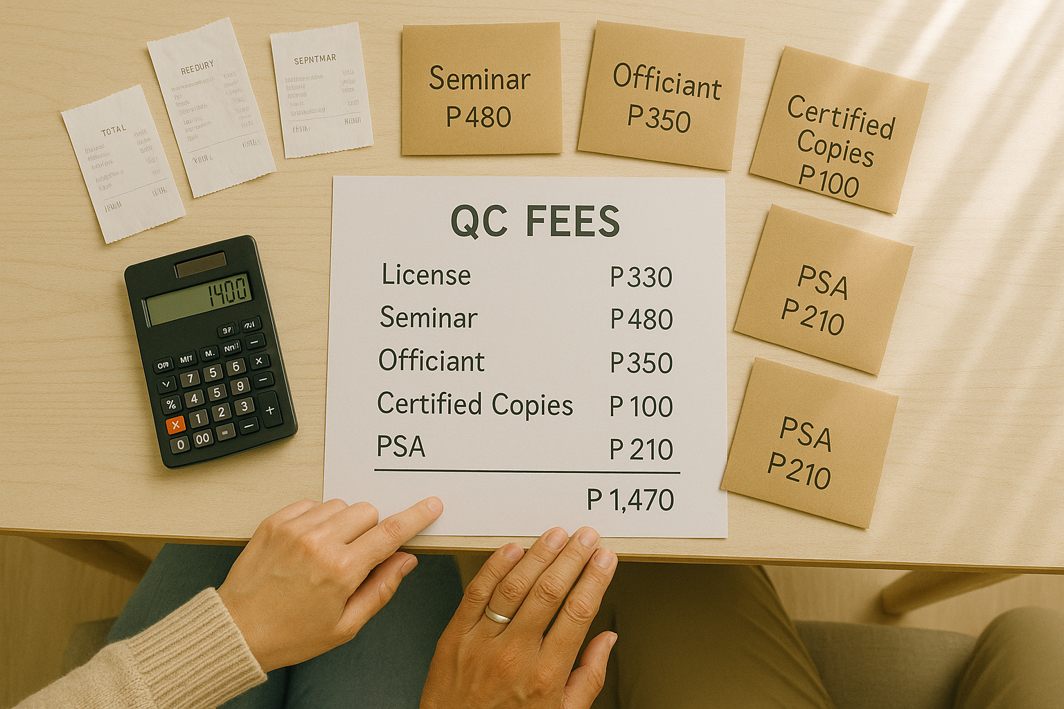 Overhead view of QC civil wedding budget with envelopes and receipts