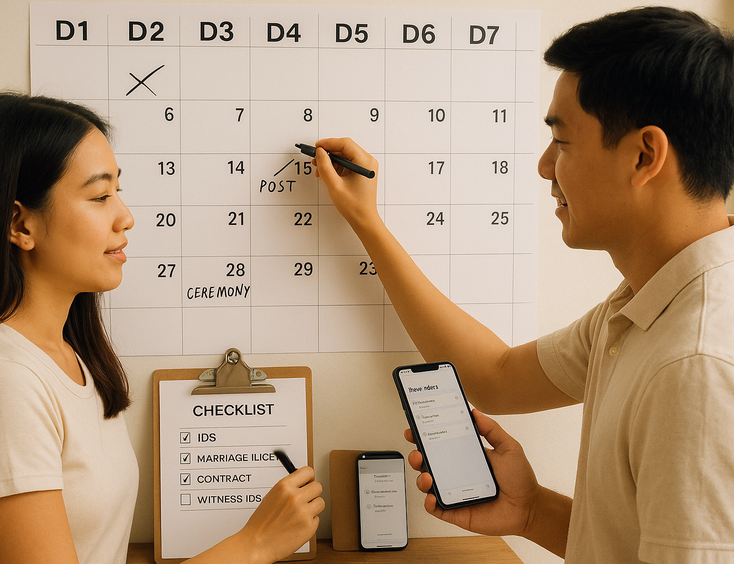 Couple marking a 30 day QC civil wedding calendar with a checklist