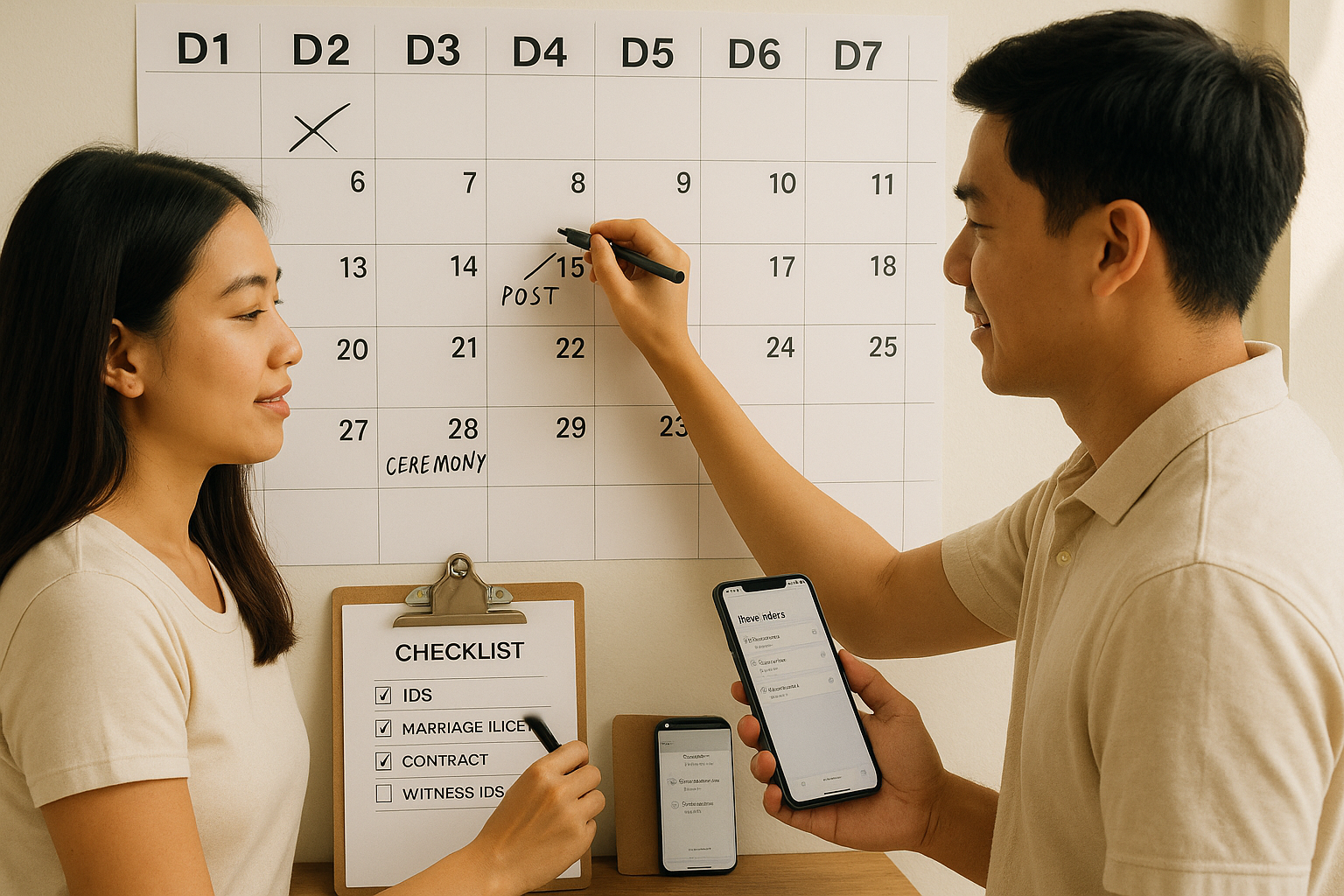 Couple marking a 30 day QC civil wedding calendar with a checklist