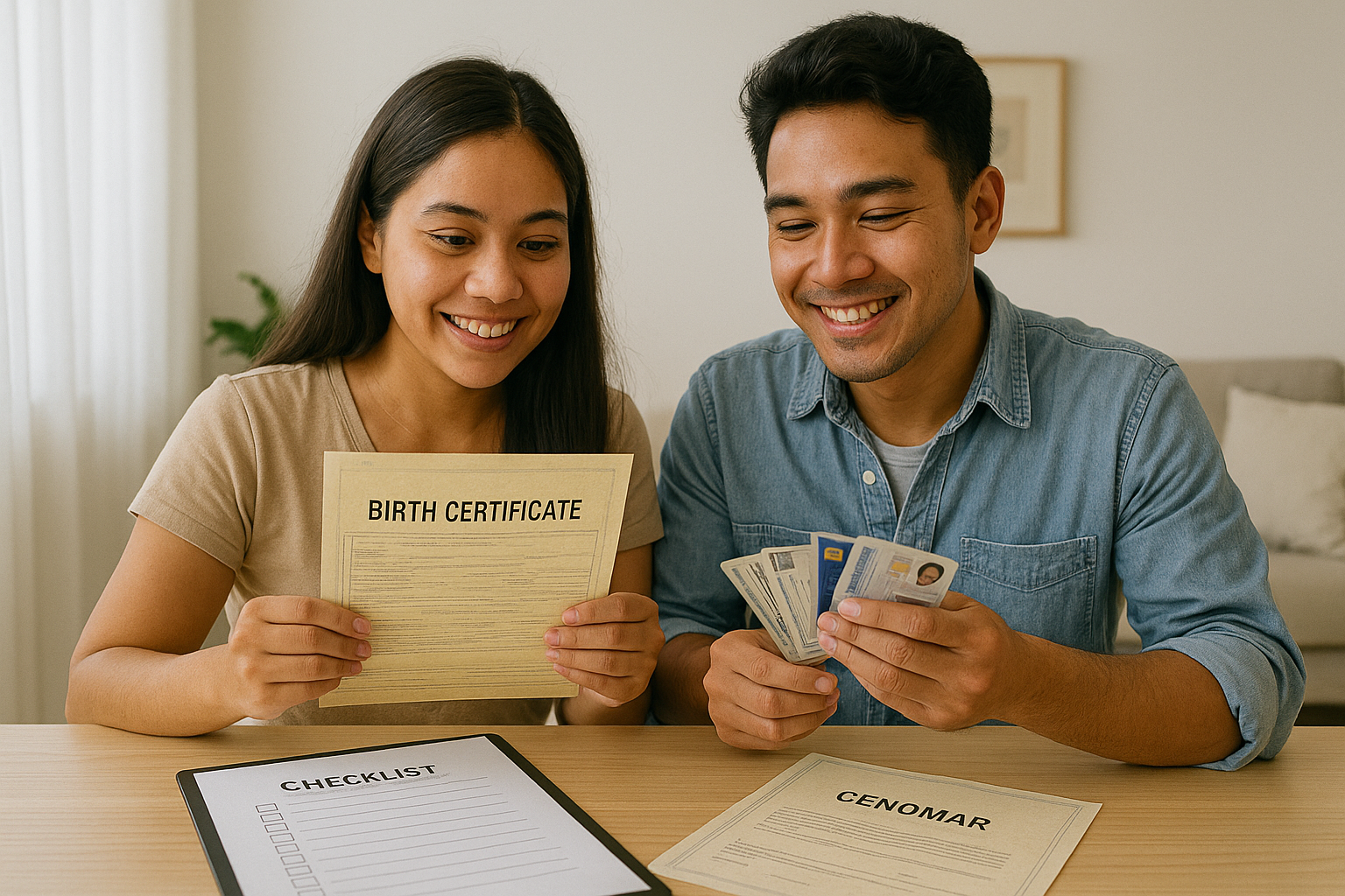 Couple arranging civil wedding documents on a table with a checklist