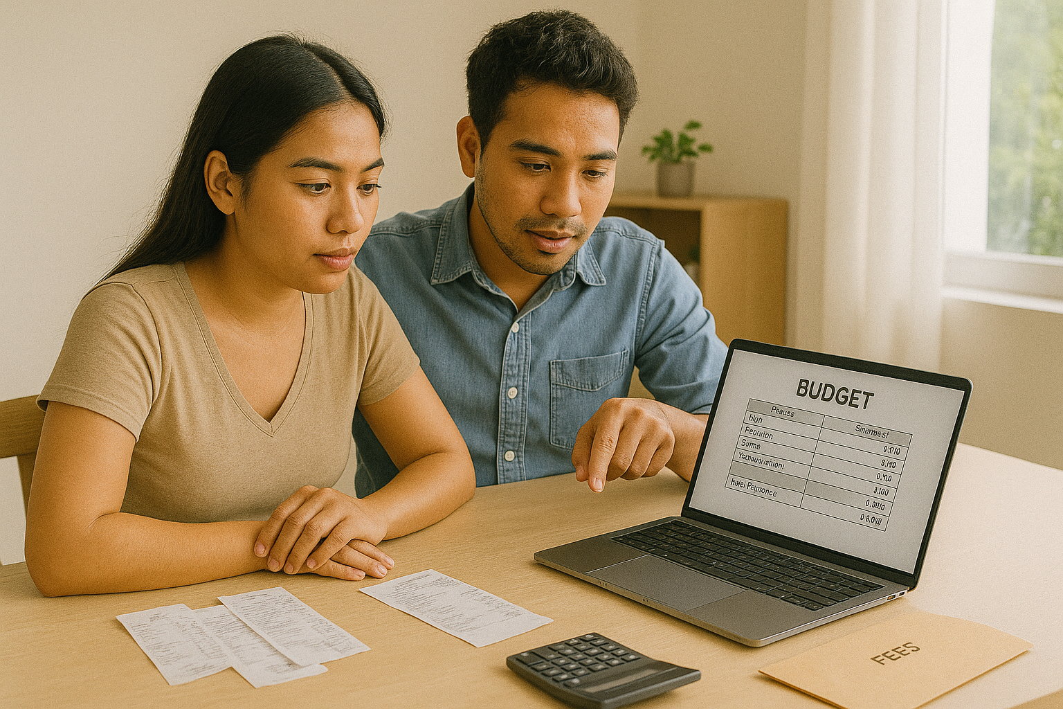 Couple checking a civil wedding budget on a laptop with receipts and calculator