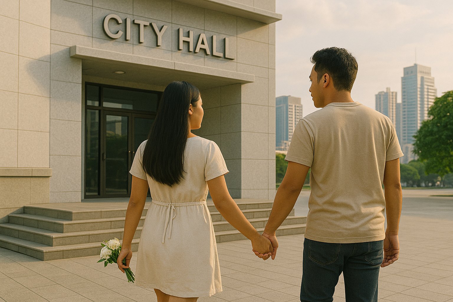 Couple approaching a city hall for a civil wedding ceremony