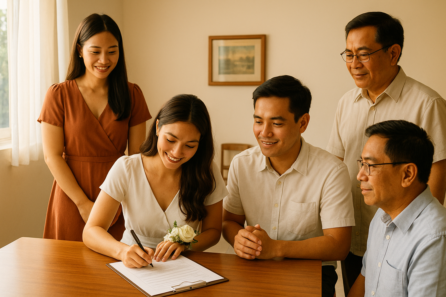 Couple signing the marriage certificate with witnesses in a small ceremony room
