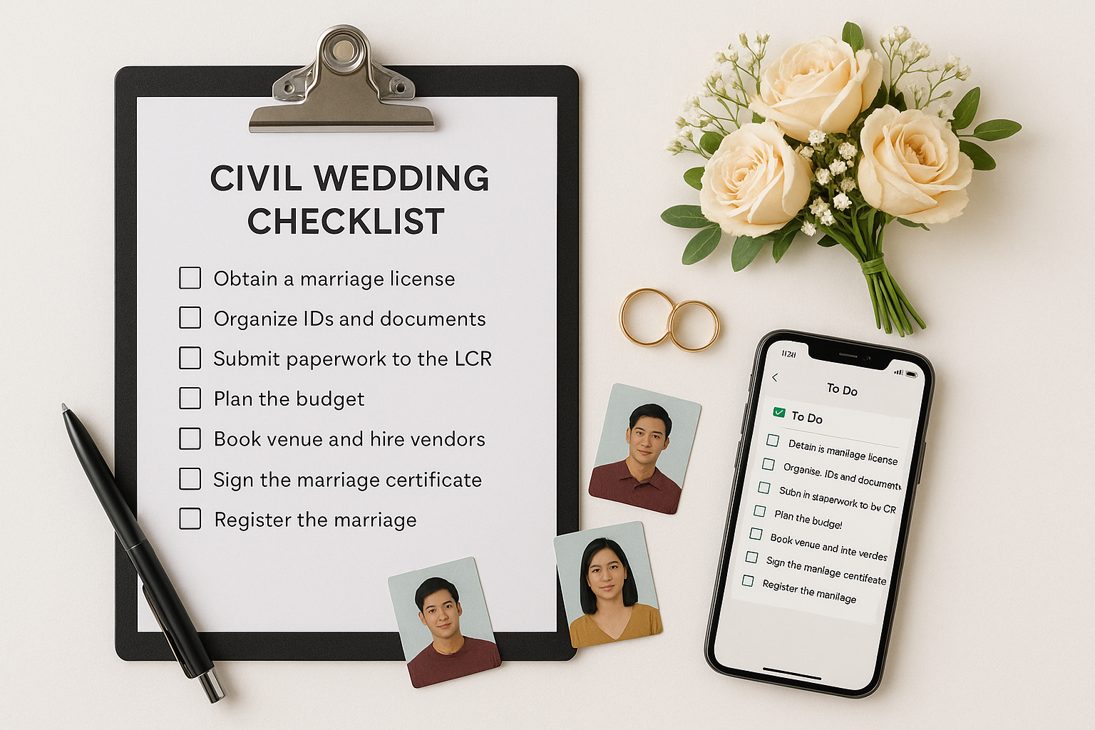 Flat lay of a civil wedding checklist with IDs pen rings and small bouquet