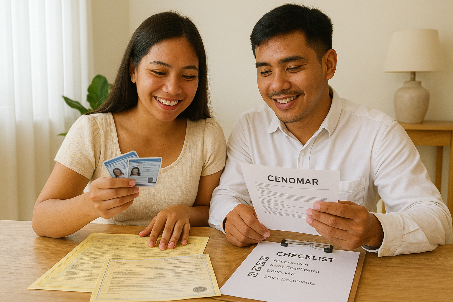 Couple arranging civil wedding documents with a printed checklist