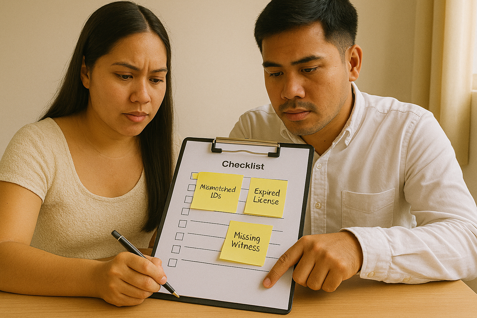 Couple double checking IDs license validity and witness reminders using a checklist