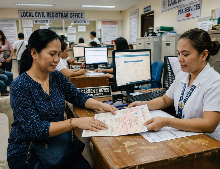 Filipino widow in her 40s seated across from a government employee at a local civil registrar office in the Philippines, placing a PSA death certificate and marriage certificate on the counter under fluorescent lighting