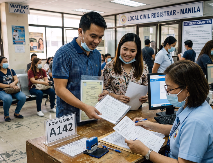 Filipino couple presenting documents to a government clerk at a civil registrar counter in the Philippines, with a numbered queue ticket visible on the counter under bright government office lighting