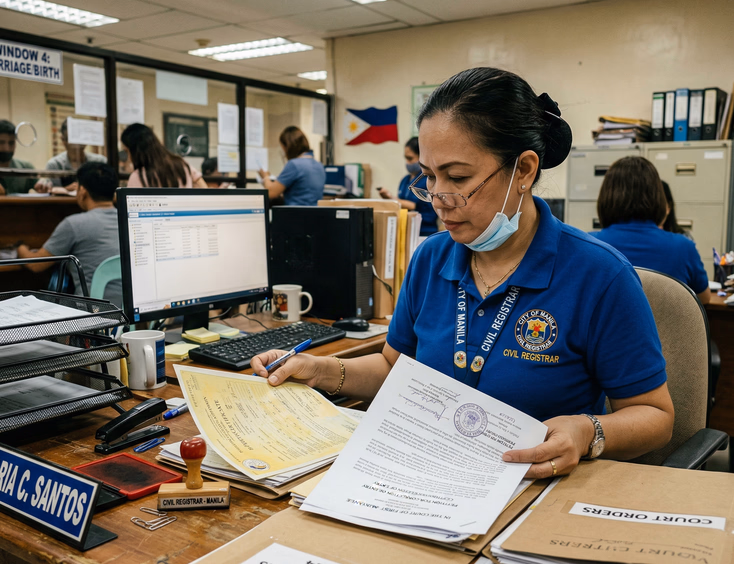 Filipino government clerk at a civil registrar office in the Philippines carefully examining and comparing a PSA certificate against a court document with official stamps and folders nearby under fluorescent lighting