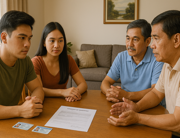 Young Filipino couple discussing parental consent and advice with parents