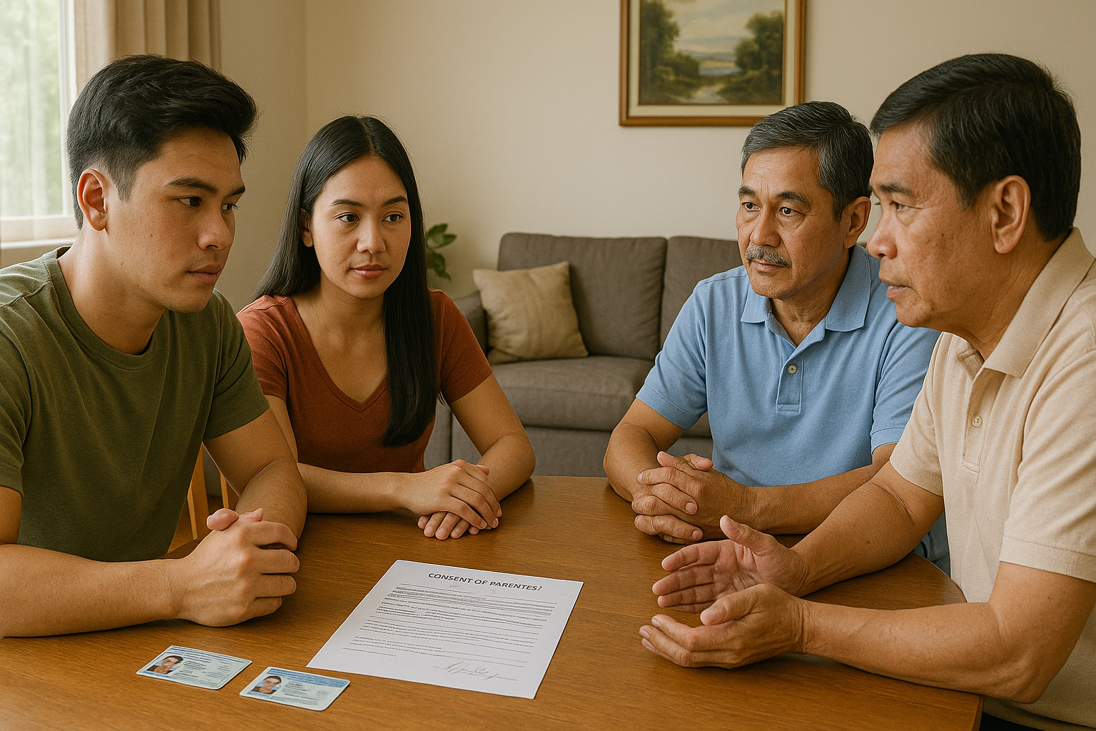 Young Filipino couple discussing parental consent and advice with parents