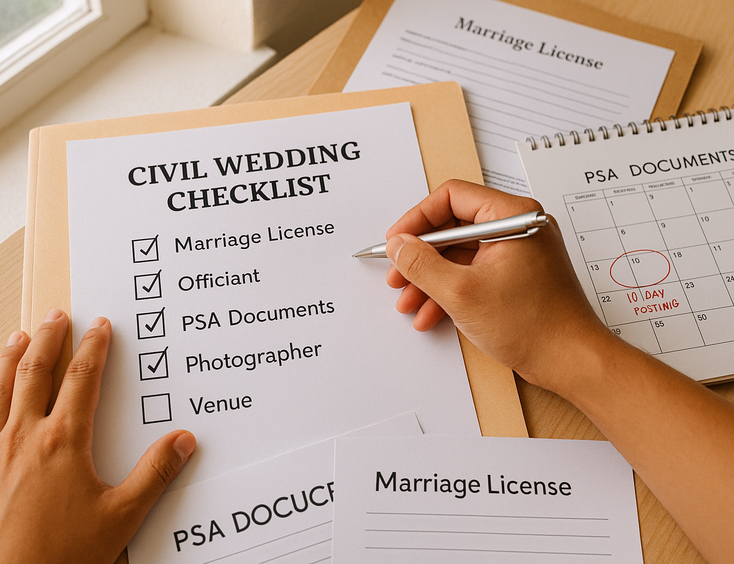 Civil wedding checklist with PSA documents and forms being ticked by a couple