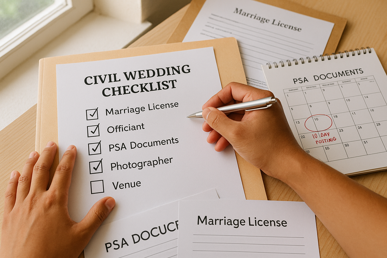 Civil wedding checklist with PSA documents and forms being ticked by a couple
