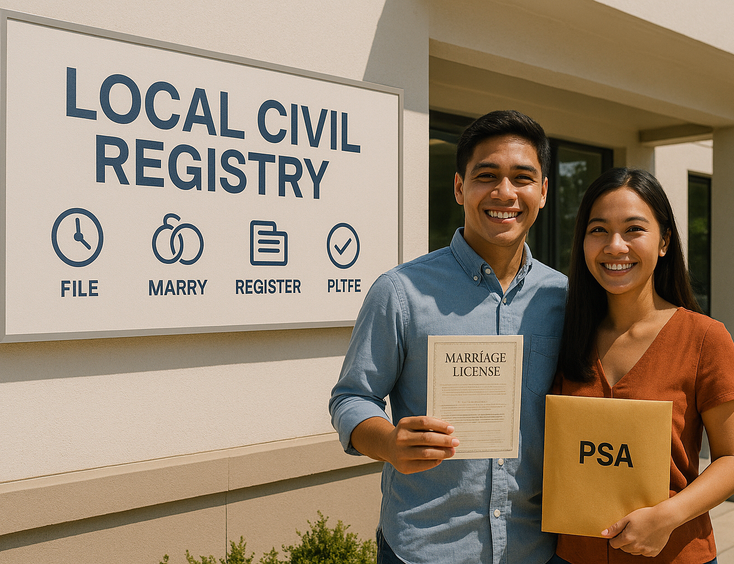 Young Filipino couple outside a Local Civil Registry holding their license envelope