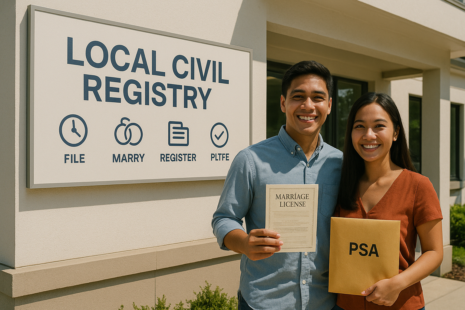 Young Filipino couple outside a Local Civil Registry holding their license envelope
