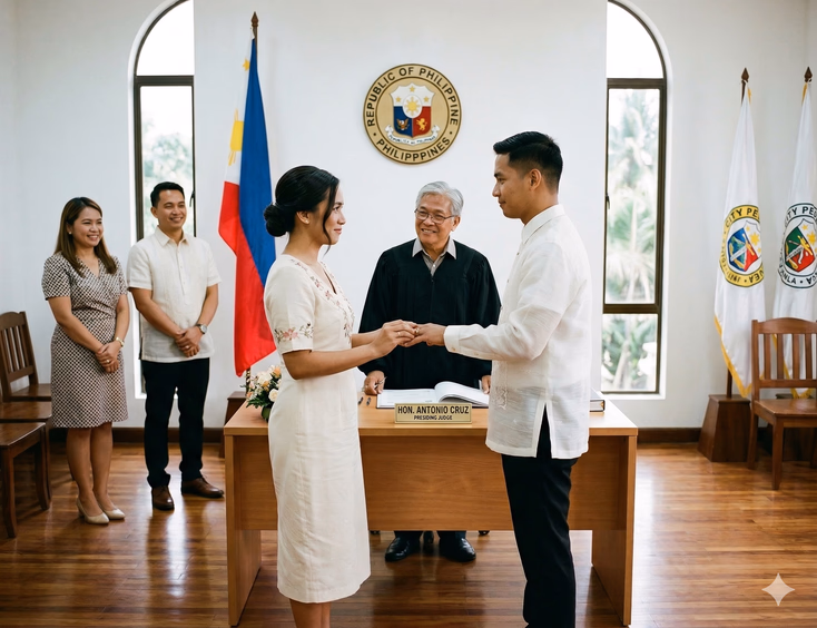 A Filipino couple in their late 20s stand facing each other mid-ceremony inside a bright Philippine city hall ceremonial room. The woman wears an elegant cream midi dress with embroidery at the neckline, her dark hair styled neatly up; the man wears a well-fitted white barong Tagalog. Their left hands are joined between them, a plain gold wedding band just visible on her ring finger, both expressions tender and present. Behind them, a Filipino male judge in his 60s in a black robe looks up warmly from marriage documents at a wooden desk flanked by a Philippine flag and official seal. Two witnesses in smart casual attire stand slightly behind the couple.